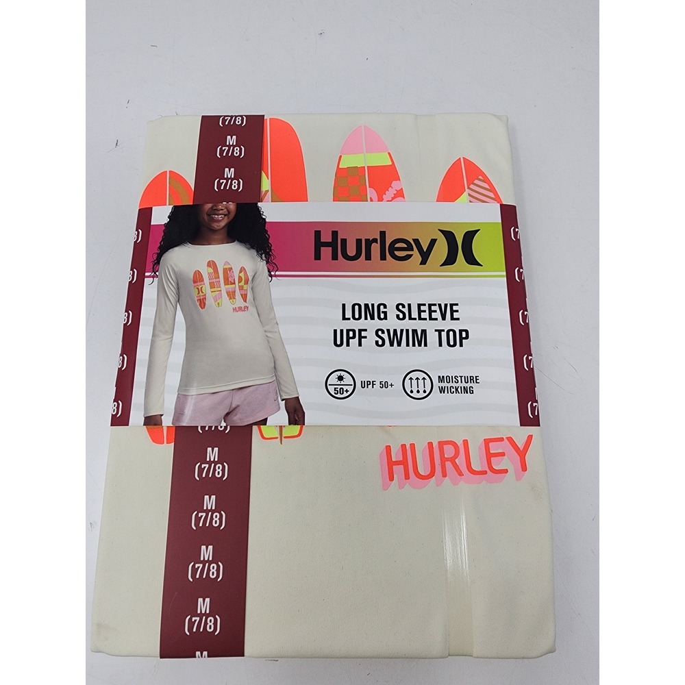 Hurley Girls Long Sleeve UPF Swim Top Cream Polyester Relaxed Size Medium 7/8
